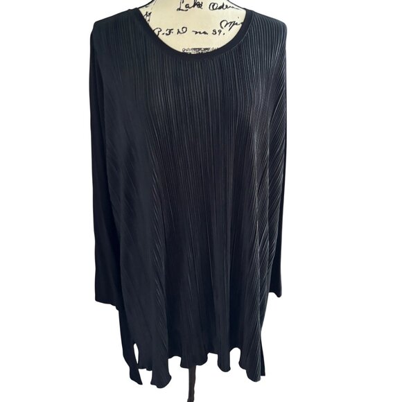 Logo Lori Goldstein Black Pleated Front Tunic Top Sz 1X Crew Neck Long Sleeve - Picture 1 of 8